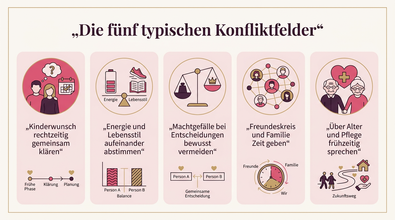Infografik: Die fünf typischen Konfliktfelder – Kinderwunsch rechtzeitig gemeinsam klären, Energie und Lebensstil aufeinander abstimmen, Machtgefälle bei Entscheidungen bewusst vermeiden, Freundeskreis und Familie Zeit geben, Über Alter und Pflege frühzeitig sprechen