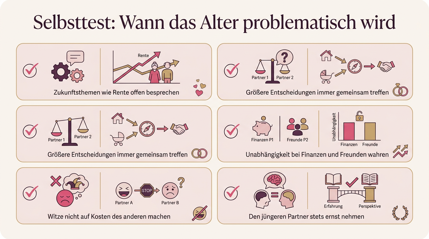 Infografik: Selbsttest: Wann das Alter problematisch wird – Zukunftsthemen wie Rente offen besprechen, Größere Entscheidungen immer gemeinsam treffen, Unabhängigkeit bei Finanzen und Freunden wahren, Witze nicht auf Kosten des anderen machen, Den jüngeren Partner stets ernst nehmen