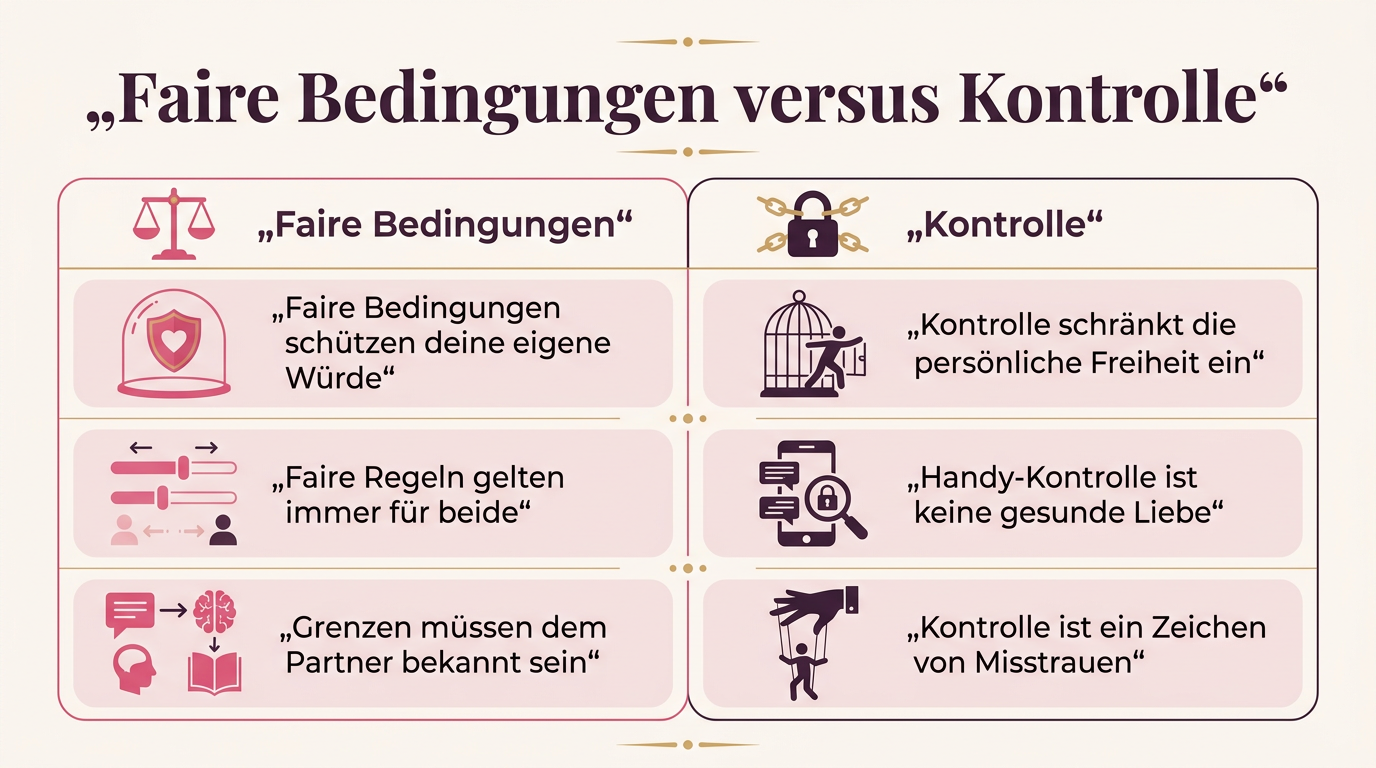 Infografik: Faire Bedingungen versus Kontrolle – Faire Bedingungen schützen deine eigene Würde, Kontrolle schränkt die persönliche Freiheit ein, Faire Regeln gelten immer für beide, Grenzen müssen dem Partner bekannt sein, Handy-Kontrolle ist keine gesunde Liebe