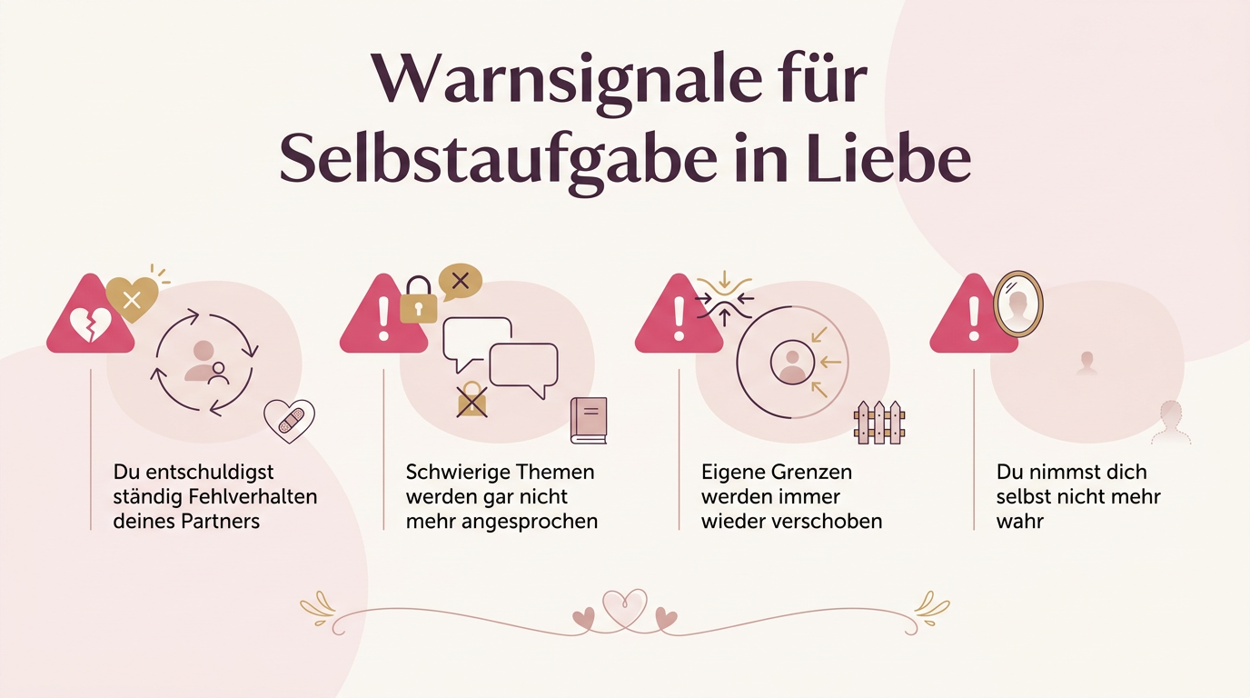 Infografik: Warnsignale für Selbstaufgabe in Liebe – Du entschuldigst ständig Fehlverhalten deines Partners, Schwierige Themen werden gar nicht mehr angesprochen, Eigene Grenzen werden immer wieder verschoben, Du nimmst dich selbst nicht mehr wahr