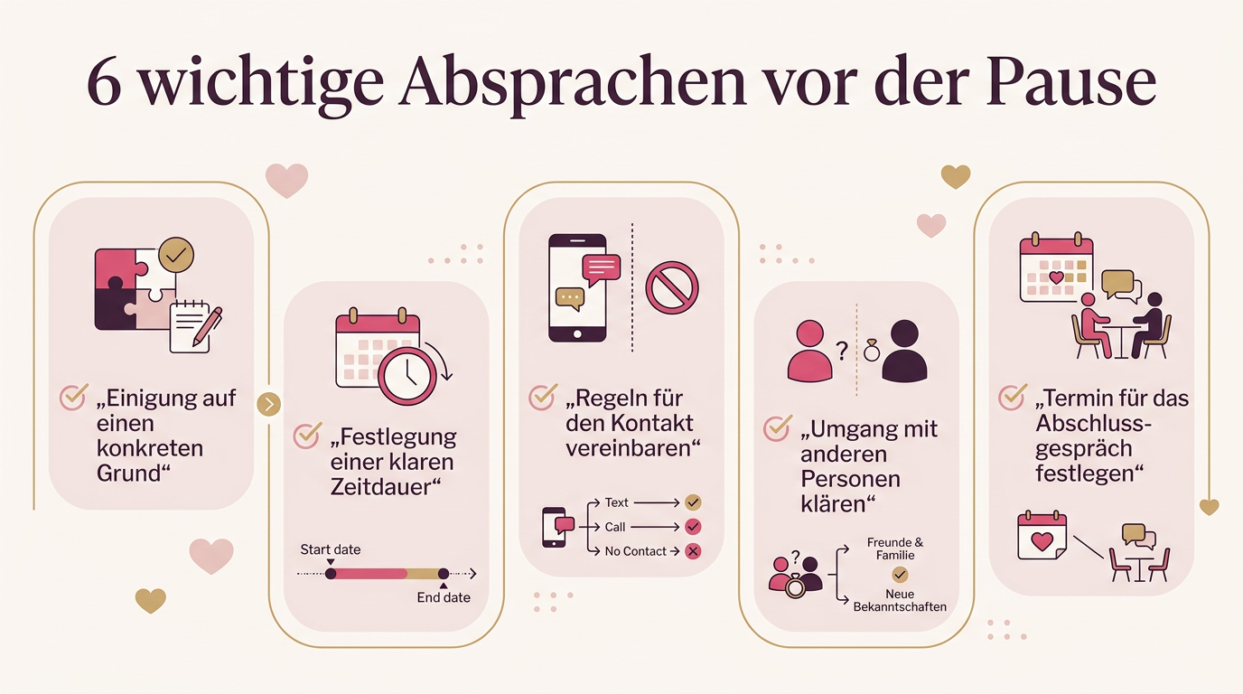 Infografik: 6 wichtige Absprachen vor der Pause – Einigung auf einen konkreten Grund, Festlegung einer klaren Zeitdauer, Regeln für den Kontakt vereinbaren, Umgang mit anderen Personen klären, Termin für das Abschlussgespräch festlegen