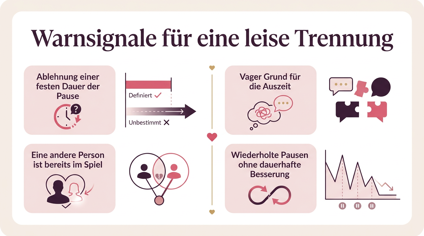 Infografik: Warnsignale für eine leise Trennung – Ablehnung einer festen Dauer der Pause, Eine andere Person ist bereits im Spiel, Vager Grund für die Auszeit, Wiederholte Pausen ohne dauerhafte Besserung
