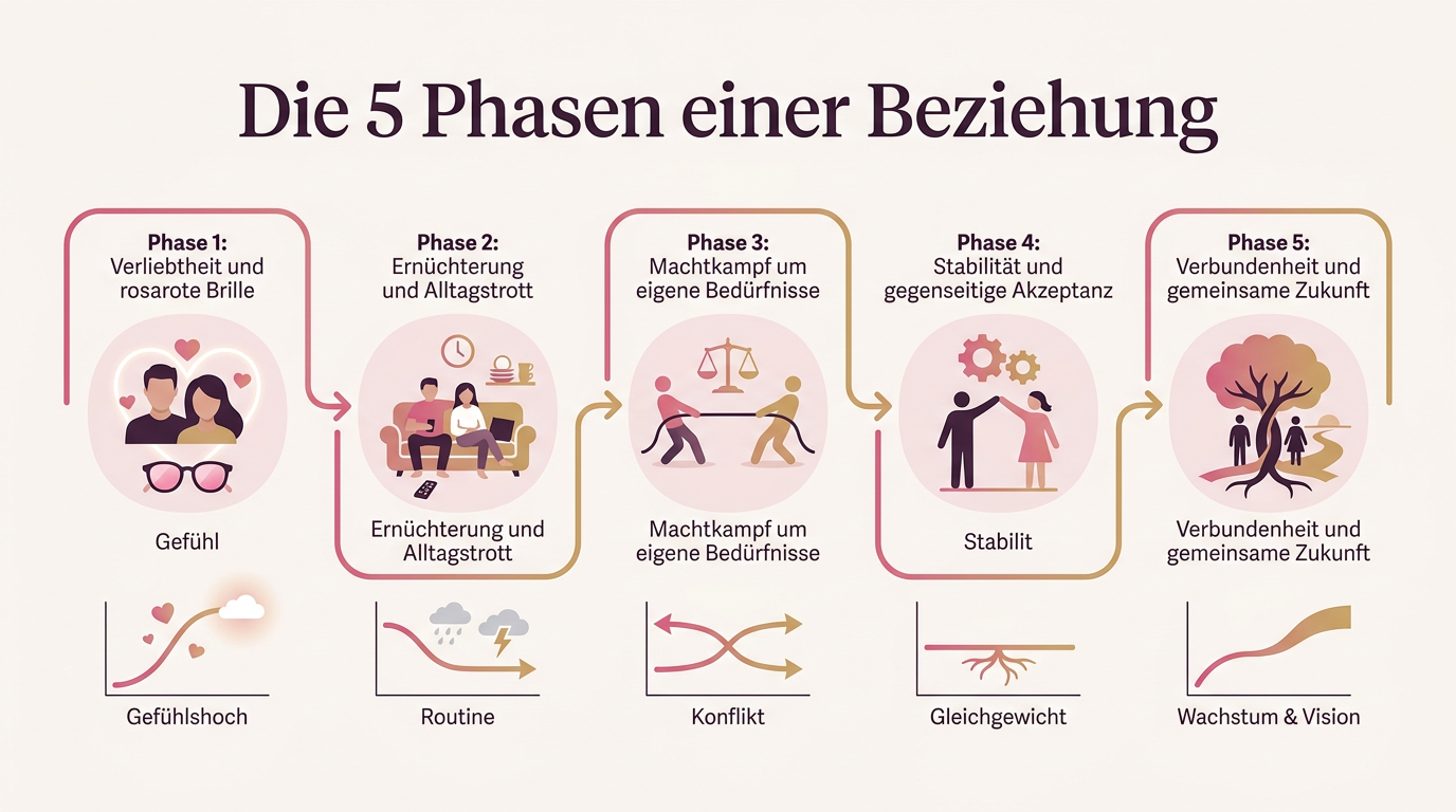 Infografik: Die 5 Phasen einer Beziehung – Phase 1: Verliebtheit und rosarote Brille, Phase 2: Ernüchterung und Alltagstrott, Phase 3: Machtkampf um eigene Bedürfnisse, Phase 4: Stabilität und gegenseitige Akzeptanz, Phase 5: Verbundenheit und gemeinsame Zukunft