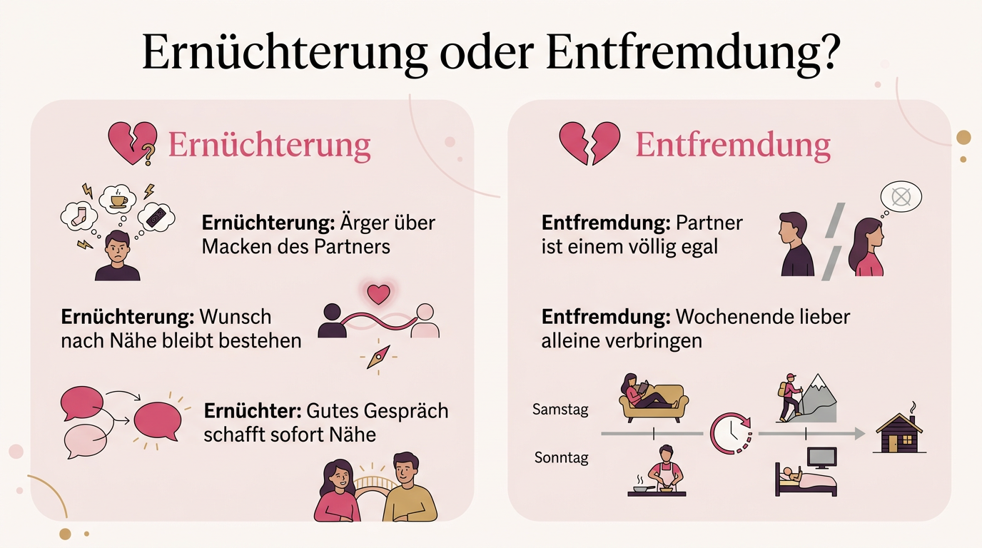 Infografik: Ernüchterung oder Entfremdung? – Ernüchterung: Ärger über Macken des Partners, Ernüchterung: Wunsch nach Nähe bleibt bestehen, Ernüchterung: Gutes Gespräch schafft sofort Nähe, Entfremdung: Partner ist einem völlig egal, Entfremdung: Wochenende lieber alleine verbringen