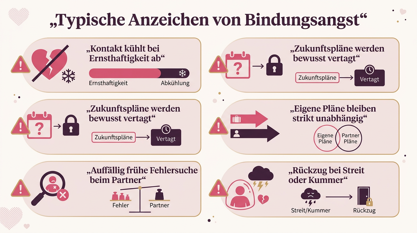 Infografik: Typische Anzeichen von Bindungsangst – Kontakt kühlt bei Ernsthaftigkeit ab, Zukunftspläne werden bewusst vertagt, Auffällig frühe Fehlersuche beim Partner, Eigene Pläne bleiben strikt unabhängig, Rückzug bei Streit oder Kummer
