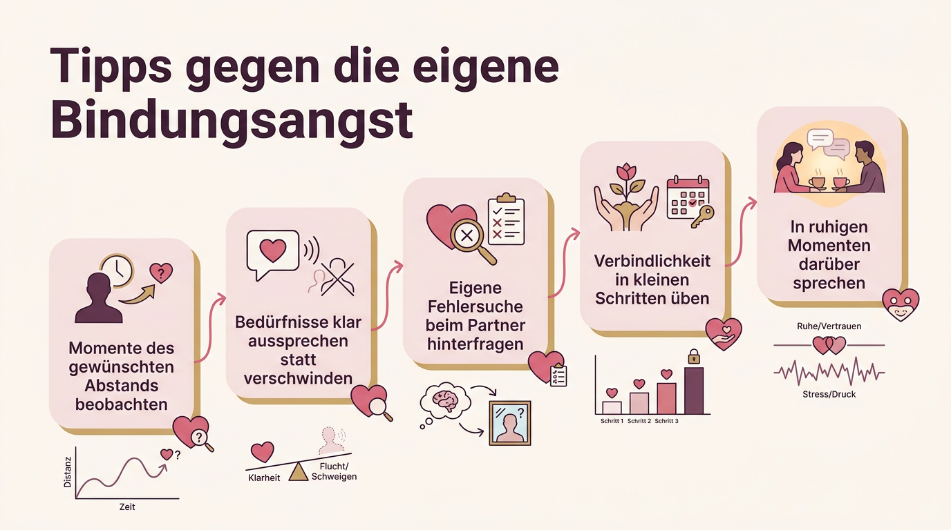 Infografik: Tipps gegen die eigene Bindungsangst – Momente des gewünschten Abstands beobachten, Bedürfnisse klar aussprechen statt verschwinden, Eigene Fehlersuche beim Partner hinterfragen, Verbindlichkeit in kleinen Schritten üben, In ruhigen Momenten darüber sprechen