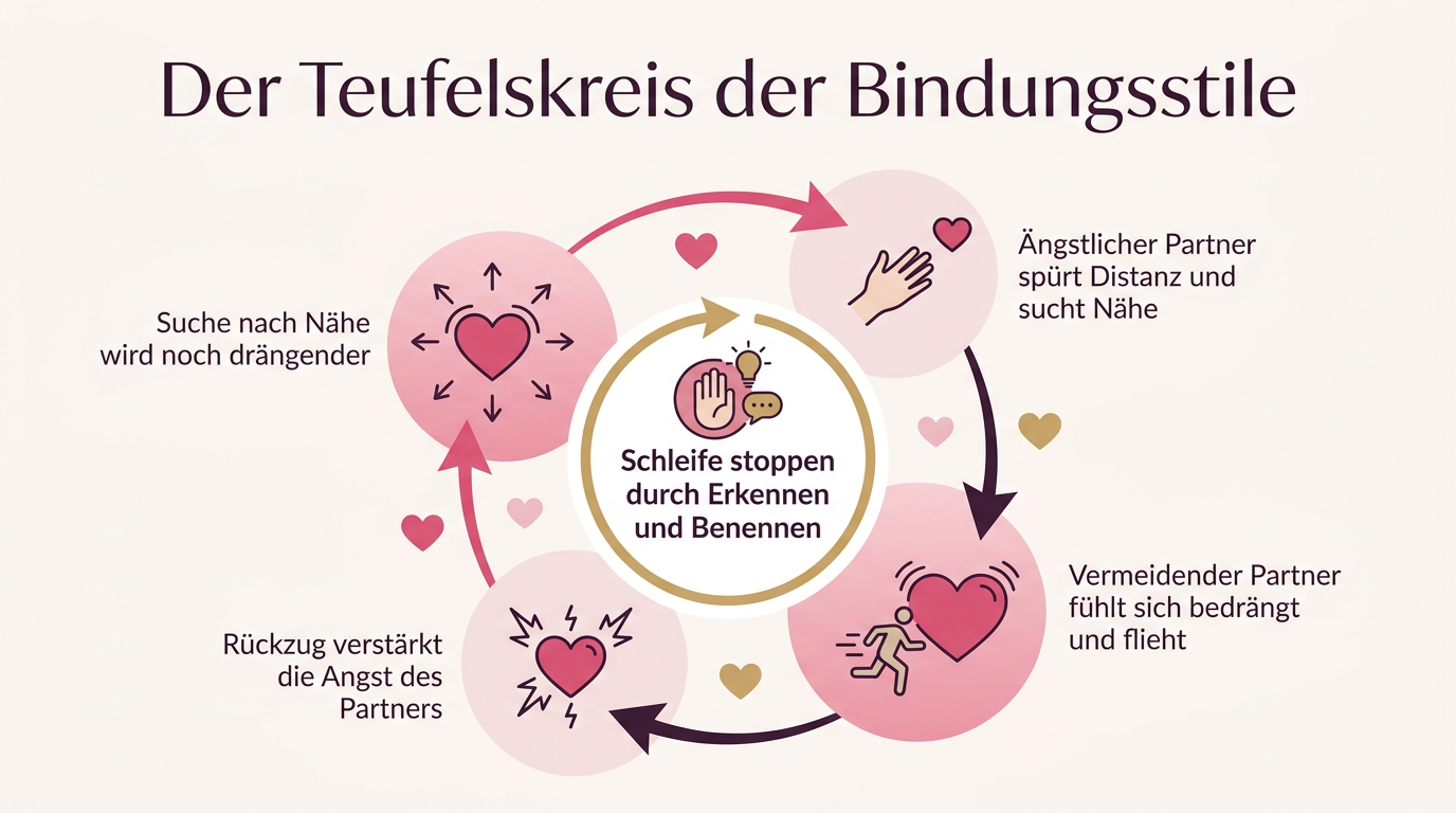 Infografik: Der Teufelskreis der Bindungsstile – Ängstlicher Partner spürt Distanz und sucht Nähe, Vermeidender Partner fühlt sich bedrängt und flieht, Rückzug verstärkt die Angst des Partners, Suche nach Nähe wird noch drängender, Schleife stoppen durch Erkennen und Benennen
