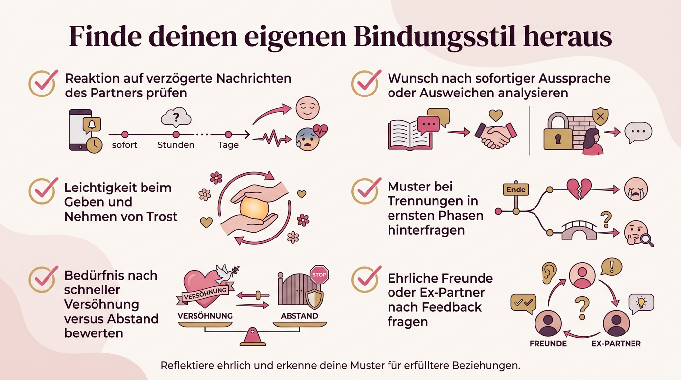 Infografik: Finde deinen eigenen Bindungsstil heraus – Reaktion auf verzögerte Nachrichten des Partners prüfen, Wunsch nach sofortiger Aussprache oder Ausweichen analysieren, Leichtigkeit beim Geben und Nehmen von Trost, Muster bei Trennungen in ernsten Phasen hinterfragen, Bedürfnis nach schneller Versöhnung versus Abstand bewerten, Ehrliche Freunde oder Ex-Partner nach Feedback fragen