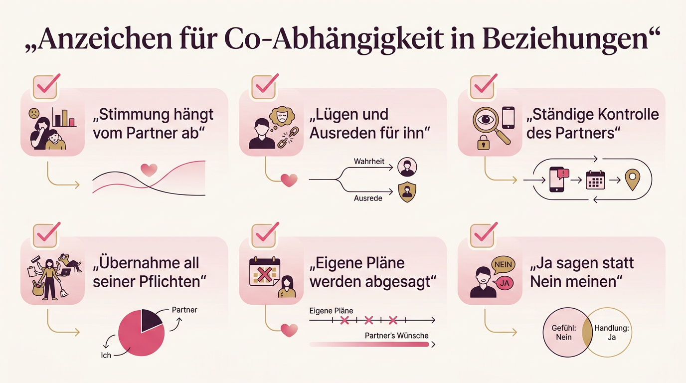 Infografik: Anzeichen für Co-Abhängigkeit in Beziehungen – Stimmung hängt vom Partner ab, Lügen und Ausreden für ihn, Ständige Kontrolle des Partners, Übernahme all seiner Pflichten, Eigene Pläne werden abgesagt, Ja sagen statt Nein meinen