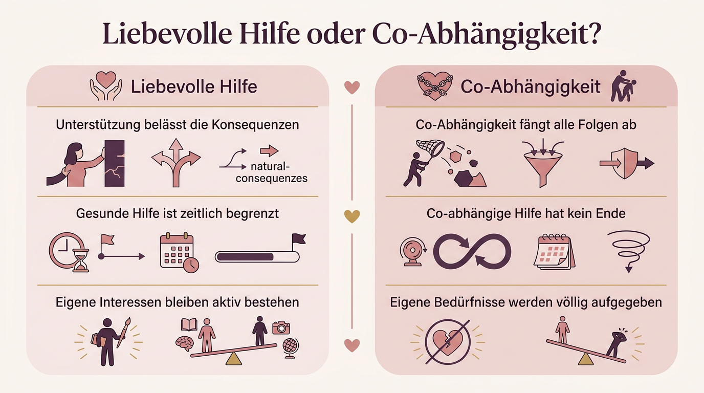Infografik: Liebevolle Hilfe oder Co-Abhängigkeit? – Unterstützung belässt die Konsequenzen, Co-Abhängigkeit fängt alle Folgen ab, Gesunde Hilfe ist zeitlich begrenzt, Co-abhängige Hilfe hat kein Ende, Eigene Interessen bleiben aktiv bestehen, Eigene Bedürfnisse werden völlig aufgegeben