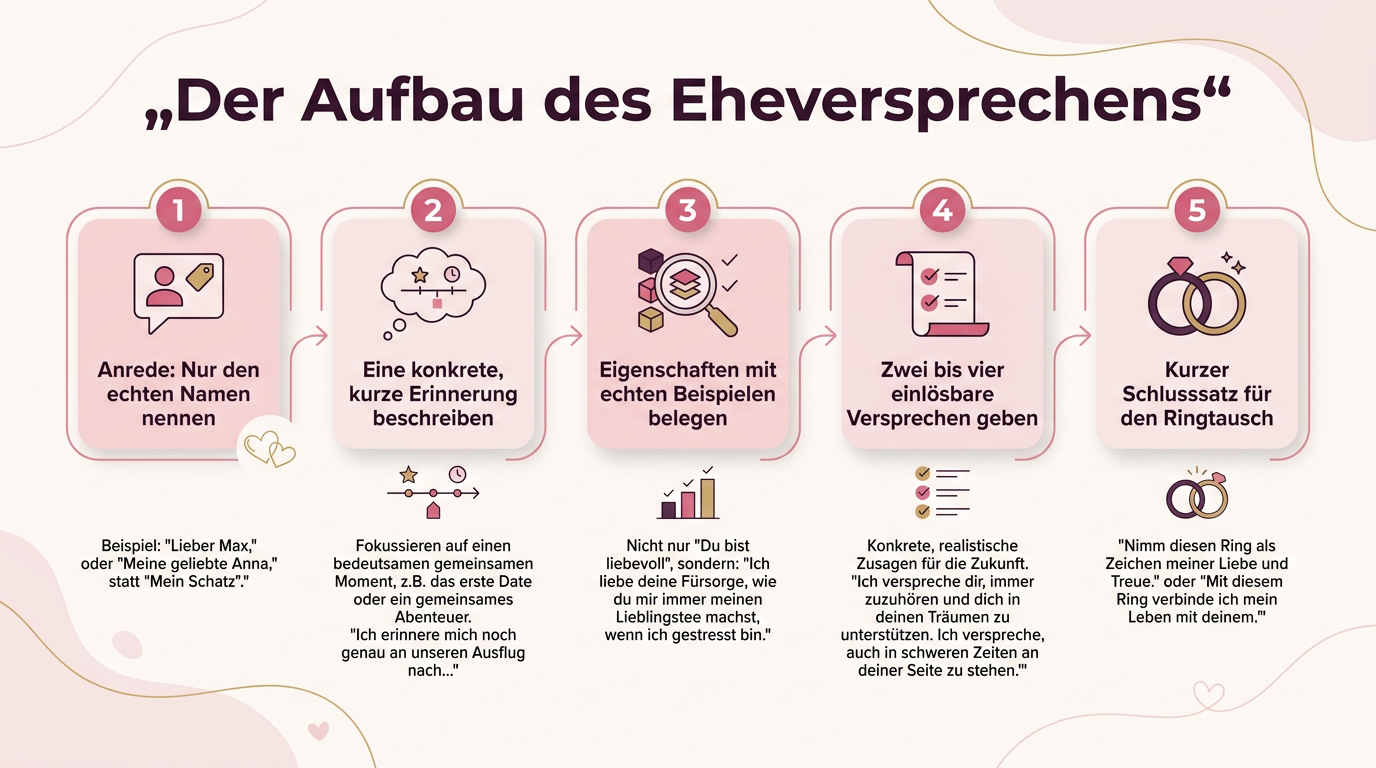 Infografik: Der Aufbau des Eheversprechens – Anrede: Nur den echten Namen nennen, Eine konkrete, kurze Erinnerung beschreiben, Eigenschaften mit echten Beispielen belegen, Zwei bis vier einlösbare Versprechen geben, Kurzer Schlusssatz für den Ringtausch