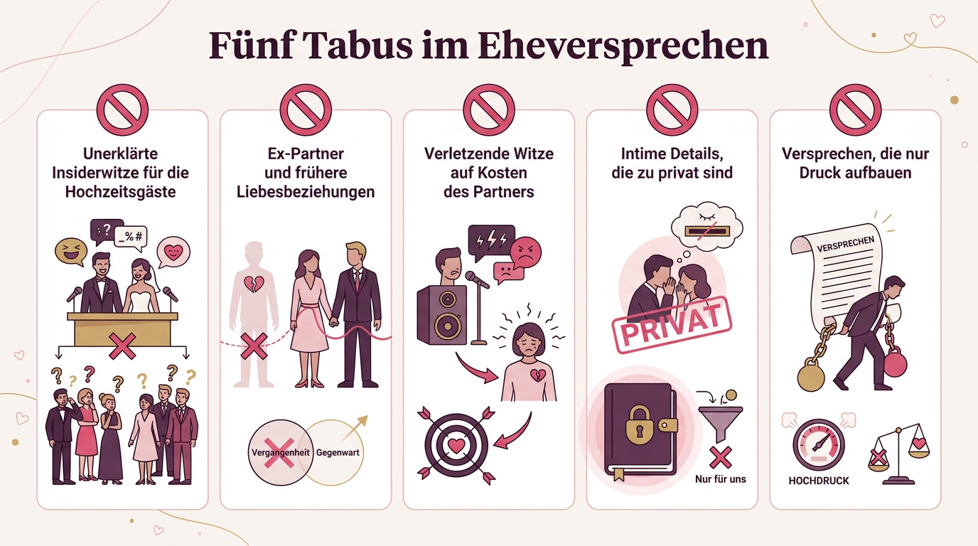 Infografik: Fünf Tabus im Eheversprechen – Unerklärte Insiderwitze für die Hochzeitsgäste, Ex-Partner und frühere Liebesbeziehungen, Verletzende Witze auf Kosten des Partners, Intime Details, die zu privat sind, Versprechen, die nur Druck aufbauen