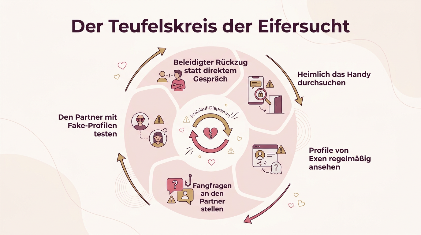 Infografik: Der Teufelskreis der Eifersucht – Heimlich das Handy durchsuchen, Profile von Exen regelmäßig ansehen, Fangfragen an den Partner stellen, Den Partner mit Fake-Profilen testen, Beleidigter Rückzug statt direktem Gespräch