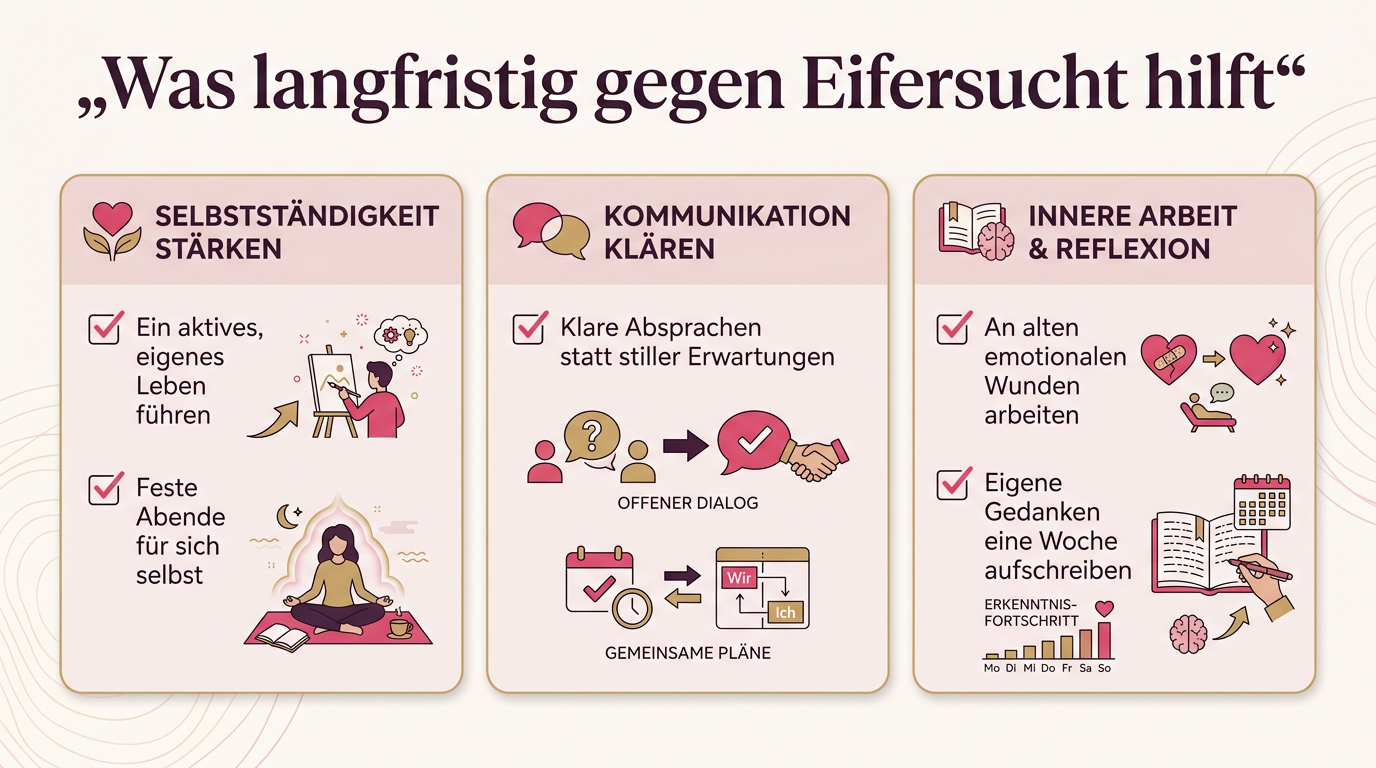 Infografik: Was langfristig gegen Eifersucht hilft – Ein aktives, eigenes Leben führen, Feste Abende für sich selbst, Klare Absprachen statt stiller Erwartungen, An alten emotionalen Wunden arbeiten, Eigene Gedanken eine Woche aufschreiben