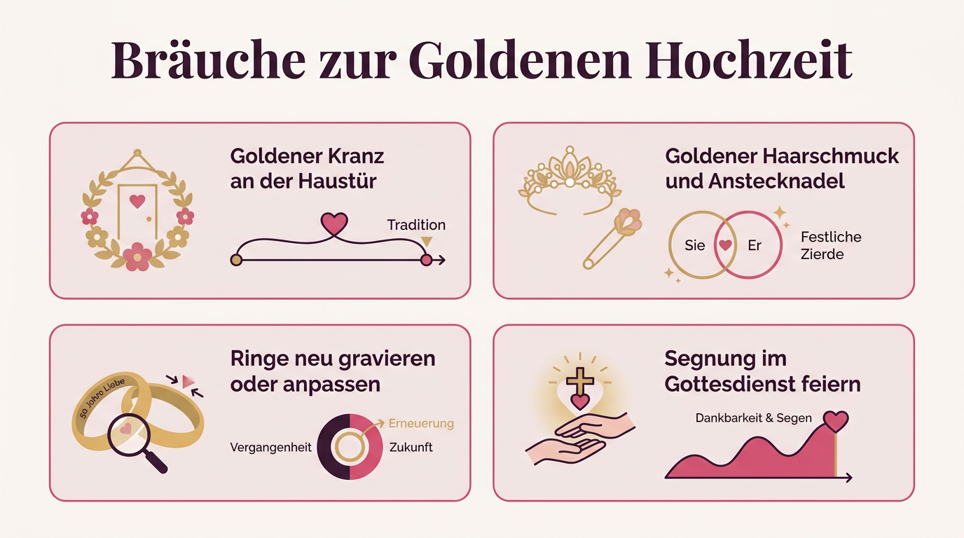 Infografik: Bräuche zur Goldenen Hochzeit – Goldener Kranz an der Haustür, Goldener Haarschmuck und Anstecknadel, Ringe neu gravieren oder anpassen, Segnung im Gottesdienst feiern