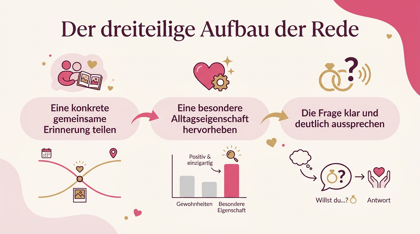 Infografik: Der dreiteilige Aufbau der Rede – Eine konkrete gemeinsame Erinnerung teilen, Eine besondere Alltagseigenschaft hervorheben, Die Frage klar und deutlich aussprechen