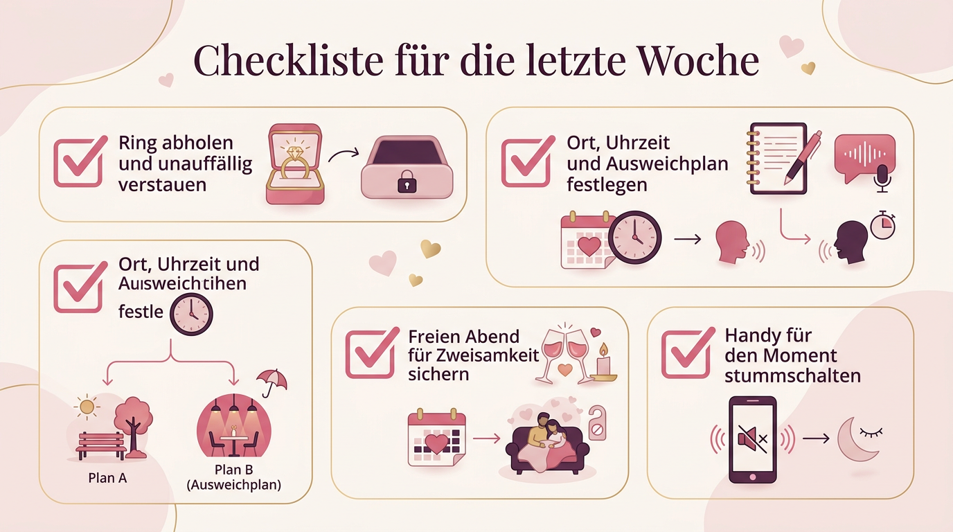 Infografik: Checkliste für die letzte Woche – Ring abholen und unauffällig verstauen, Ort, Uhrzeit und Ausweichplan festlegen, Rede kurz aufschreiben und laut üben, Freien Abend für Zweisamkeit sichern, Handy für den Moment stummschalten