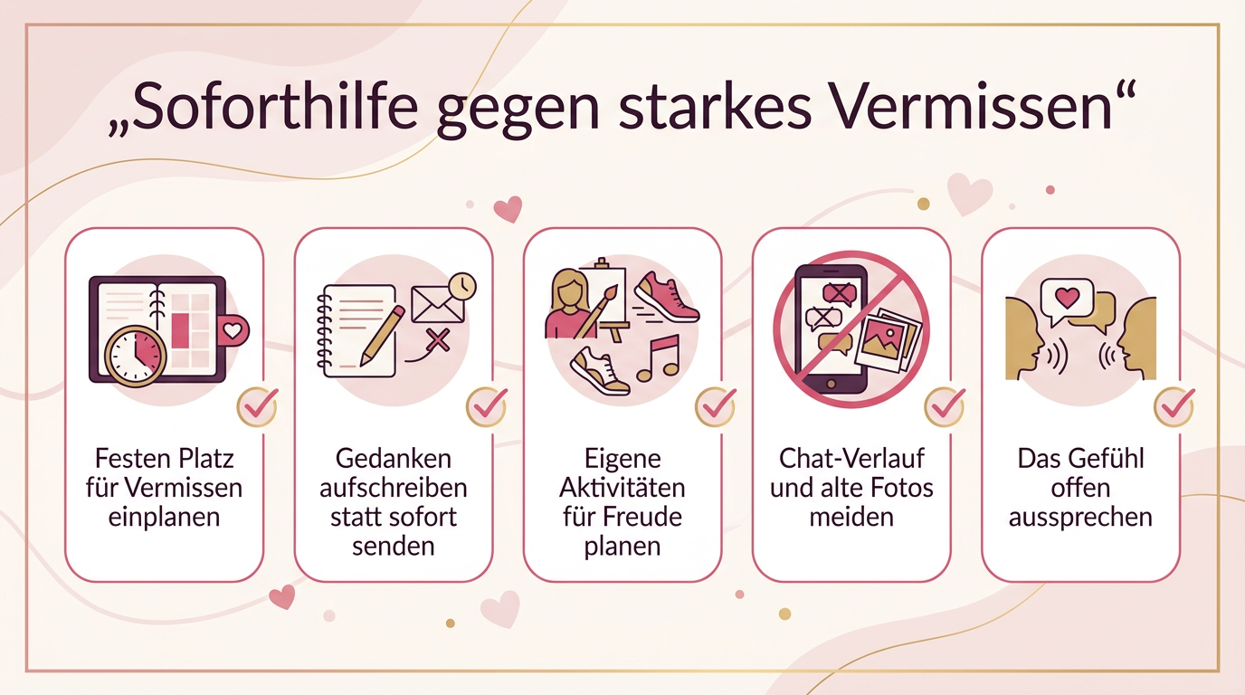Infografik: Soforthilfe gegen starkes Vermissen – Festen Platz für Vermissen einplanen, Gedanken aufschreiben statt sofort senden, Eigene Aktivitäten für Freude planen, Chat-Verlauf und alte Fotos meiden, Das Gefühl offen aussprechen