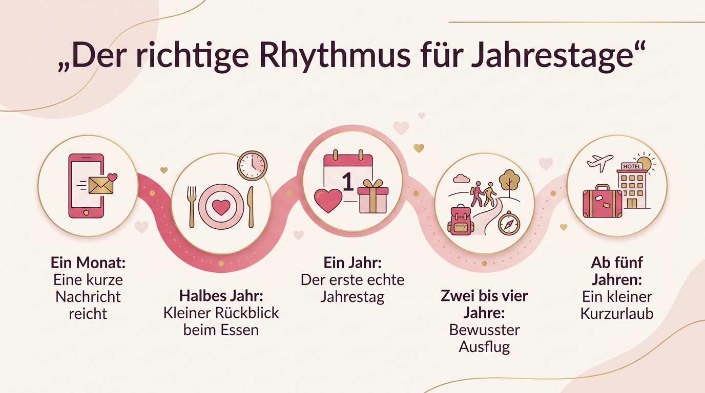Infografik: Der richtige Rhythmus für Jahrestage – Ein Monat: Eine kurze Nachricht reicht, Halbes Jahr: Kleiner Rückblick beim Essen, Ein Jahr: Der erste echte Jahrestag, Zwei bis vier Jahre: Bewusster Ausflug, Ab fünf Jahren: Ein kleiner Kurzurlaub