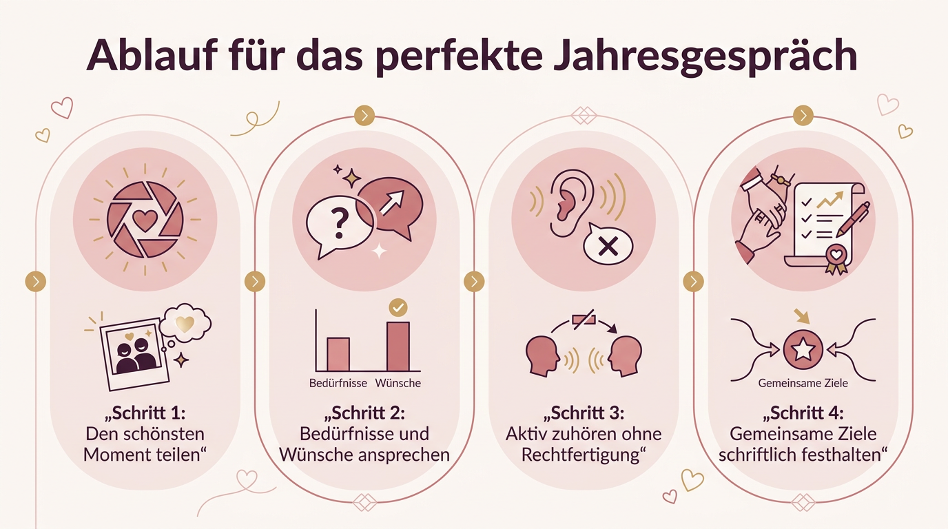 Infografik: Ablauf für das perfekte Jahresgespräch – Schritt 1: Den schönsten Moment teilen, Schritt 2: Bedürfnisse und Wünsche ansprechen, Schritt 3: Aktiv zuhören ohne Rechtfertigung, Schritt 4: Gemeinsame Ziele schriftlich festhalten