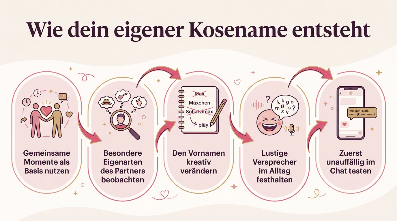 Infografik: Wie dein eigener Kosename entsteht – Gemeinsame Momente als Basis nutzen, Besondere Eigenarten des Partners beobachten, Den Vornamen kreativ verändern, Lustige Versprecher im Alltag festhalten, Zuerst unauffällig im Chat testen