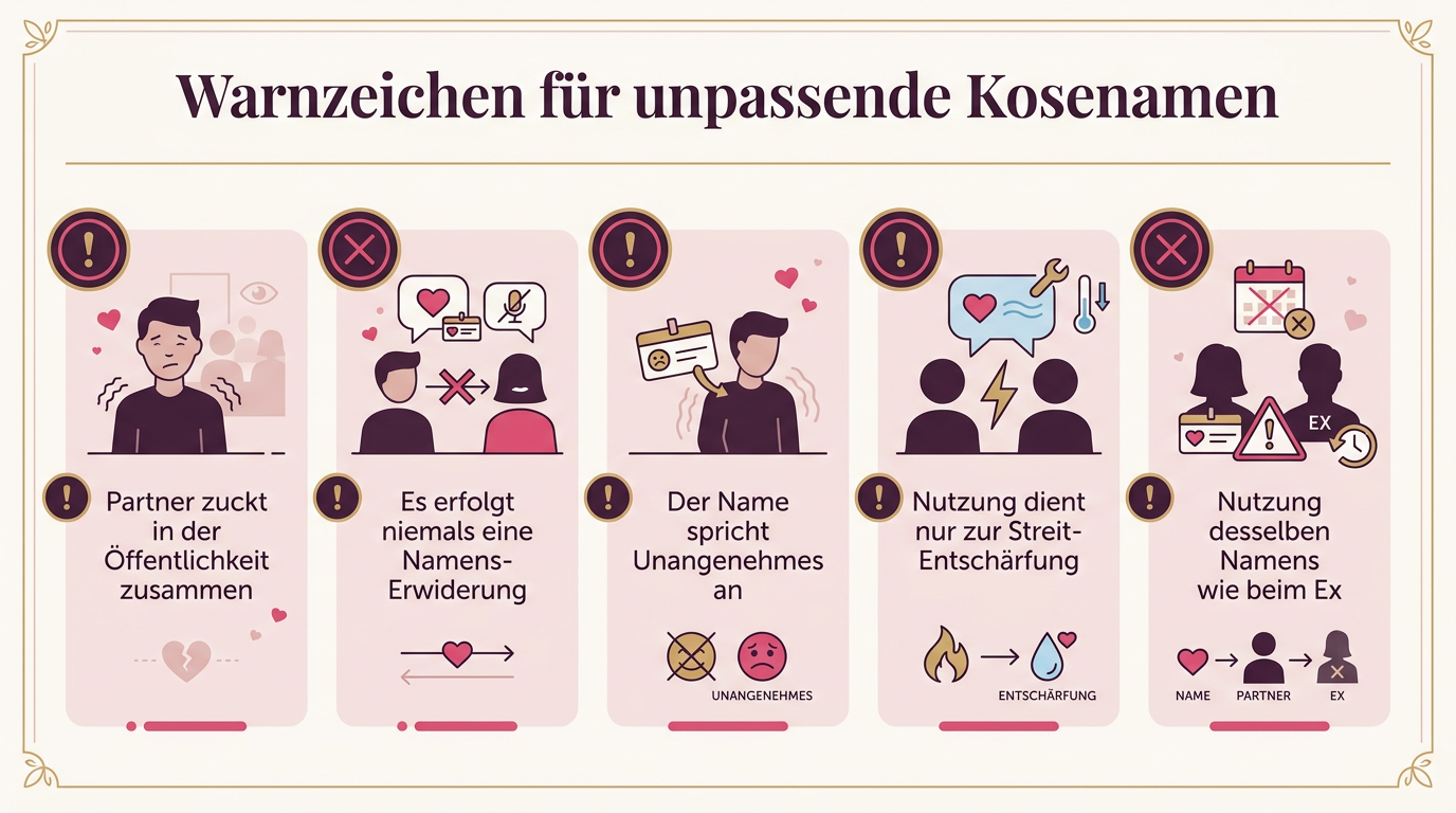 Infografik: Warnzeichen für unpassende Kosenamen – Partner zuckt in der Öffentlichkeit zusammen, Es erfolgt niemals eine Namens-Erwiderung, Der Name spricht Unangenehmes an, Nutzung dient nur zur Streit-Entschärfung, Nutzung desselben Namens wie beim Ex