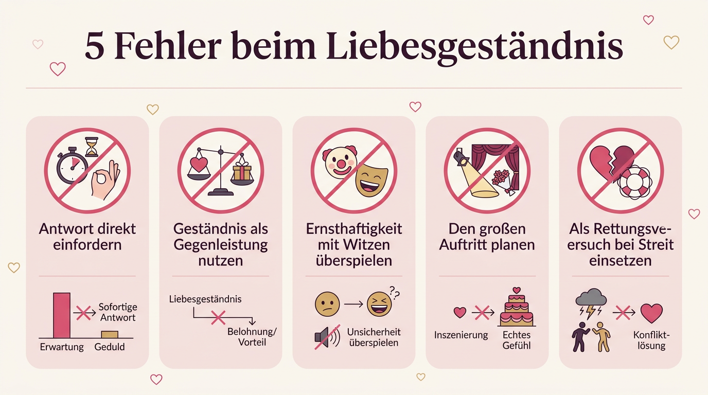 Infografik: 5 Fehler beim Liebesgeständnis – Antwort direkt einfordern, Geständnis als Gegenleistung nutzen, Ernsthaftigkeit mit Witzen überspielen, Den großen Auftritt planen, Als Rettungsversuch bei Streit einsetzen