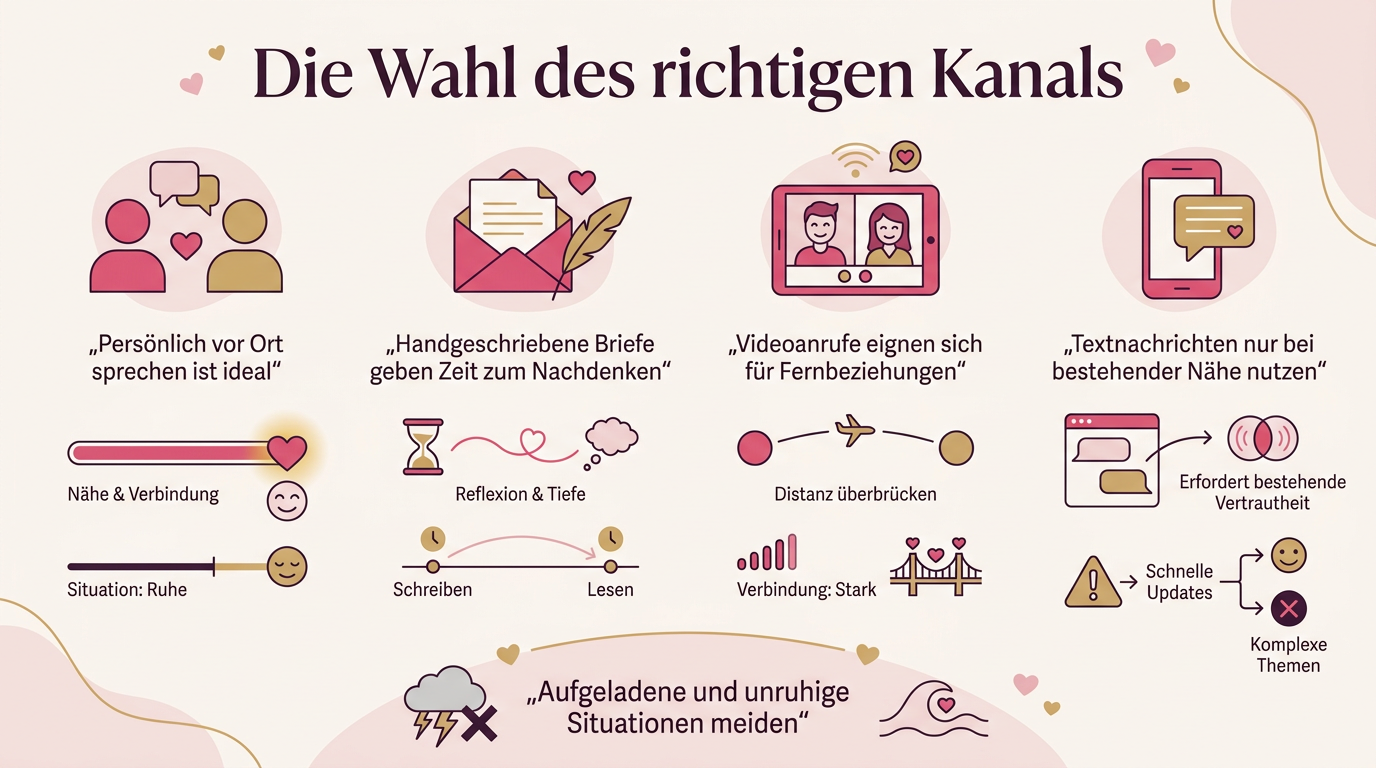 Infografik: Die Wahl des richtigen Kanals – Persönlich vor Ort sprechen ist ideal, Handgeschriebene Briefe geben Zeit zum Nachdenken, Videoanrufe eignen sich für Fernbeziehungen, Textnachrichten nur bei bestehender Nähe nutzen, Aufgeladene und unruhige Situationen meiden