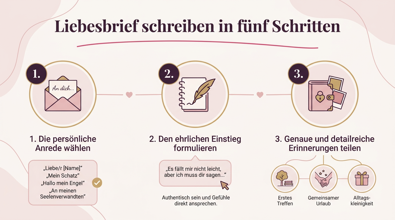 Infografik: Liebesbrief schreiben in fünf Schritten – 1. Die persönliche Anrede wählen, 2. Den ehrlichen Einstieg formulieren, 3. Genaue und detailreiche Erinnerungen teilen