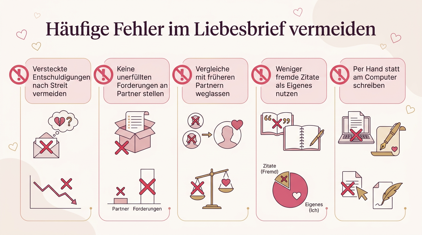 Infografik: Häufige Fehler im Liebesbrief vermeiden – Versteckte Entschuldigungen nach Streit vermeiden, Keine unerfüllten Forderungen an Partner stellen, Vergleiche mit früheren Partnern weglassen, Weniger fremde Zitate als Eigenes nutzen, Per Hand statt am Computer schreiben