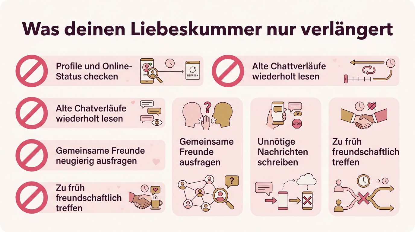 Infografik: Was deinen Liebeskummer nur verlängert – Profile und Online-Status checken, Alte Chatverläufe wiederholt lesen, Gemeinsame Freunde neugierig ausfragen, Unnötige Nachrichten schreiben, Zu früh freundschaftlich treffen