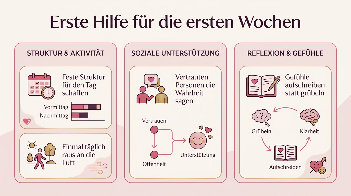 Infografik: Erste Hilfe für die ersten Wochen – Feste Struktur für den Tag schaffen, Einmal täglich raus an die Luft, Vertrauten Personen die Wahrheit sagen, Gefühle aufschreiben statt grübeln