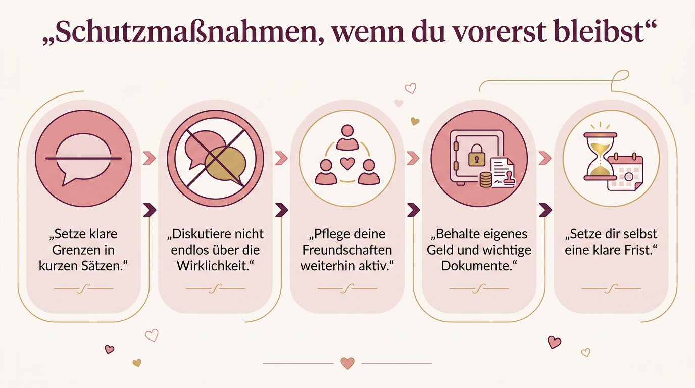 Infografik: Schutzmaßnahmen, wenn du vorerst bleibst – Setze klare Grenzen in kurzen Sätzen., Diskutiere nicht endlos über die Wirklichkeit., Pflege deine Freundschaften weiterhin aktiv., Behalte eigenes Geld und wichtige Dokumente., Setze dir selbst eine klare Frist.