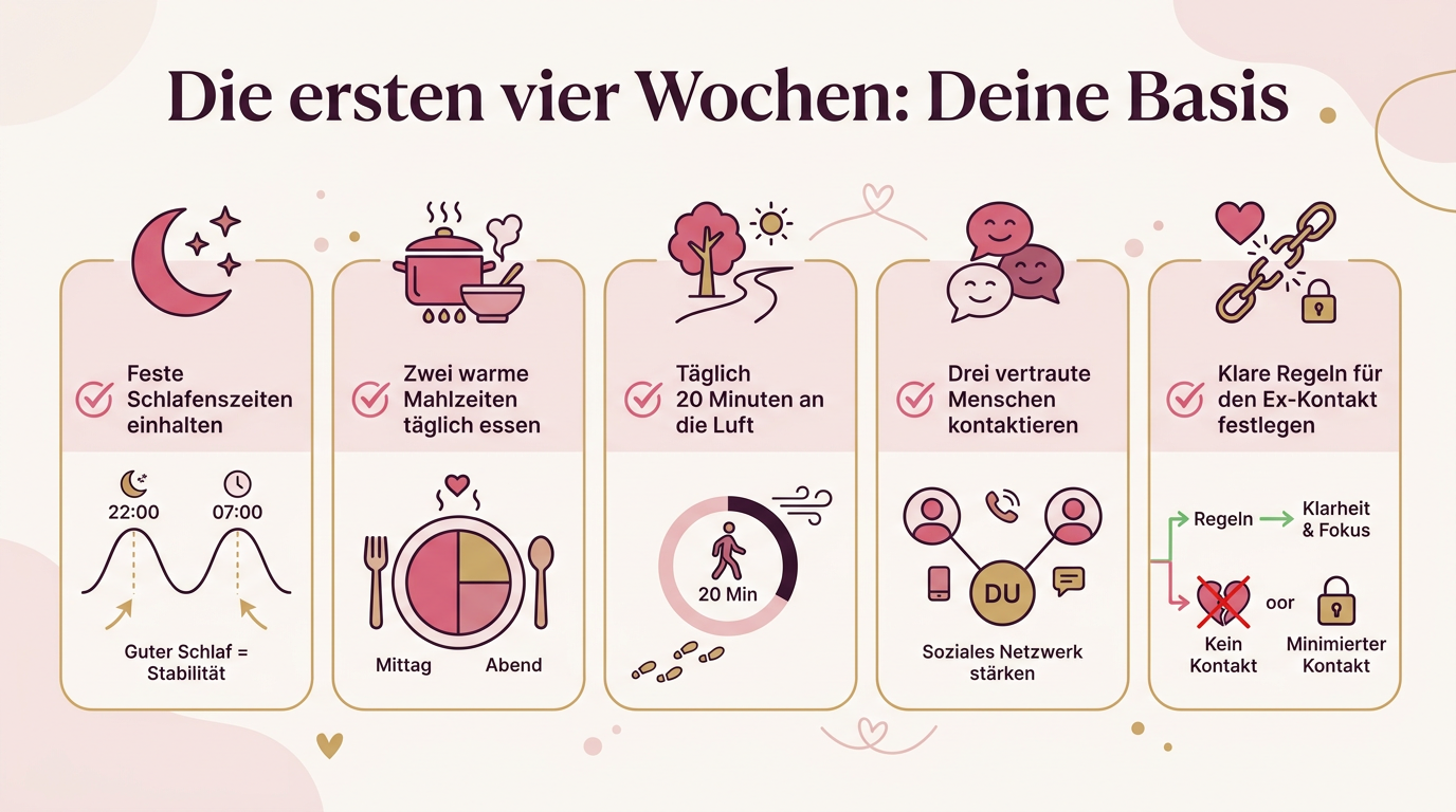 Infografik: Die ersten vier Wochen: Deine Basis – Feste Schlafenszeiten einhalten, Zwei warme Mahlzeiten täglich essen, Täglich 20 Minuten an die Luft, Drei vertraute Menschen kontaktieren, Klare Regeln für den Ex-Kontakt festlegen