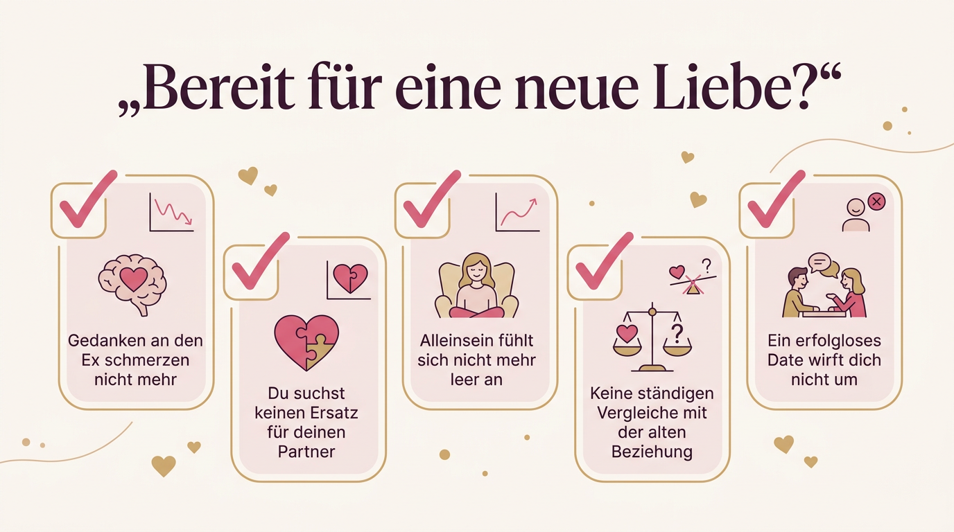Infografik: Bereit für eine neue Liebe? – Gedanken an den Ex schmerzen nicht mehr, Du suchst keinen Ersatz für deinen Partner, Alleinsein fühlt sich nicht mehr leer an, Keine ständigen Vergleiche mit der alten Beziehung, Ein erfolgloses Date wirft dich nicht um