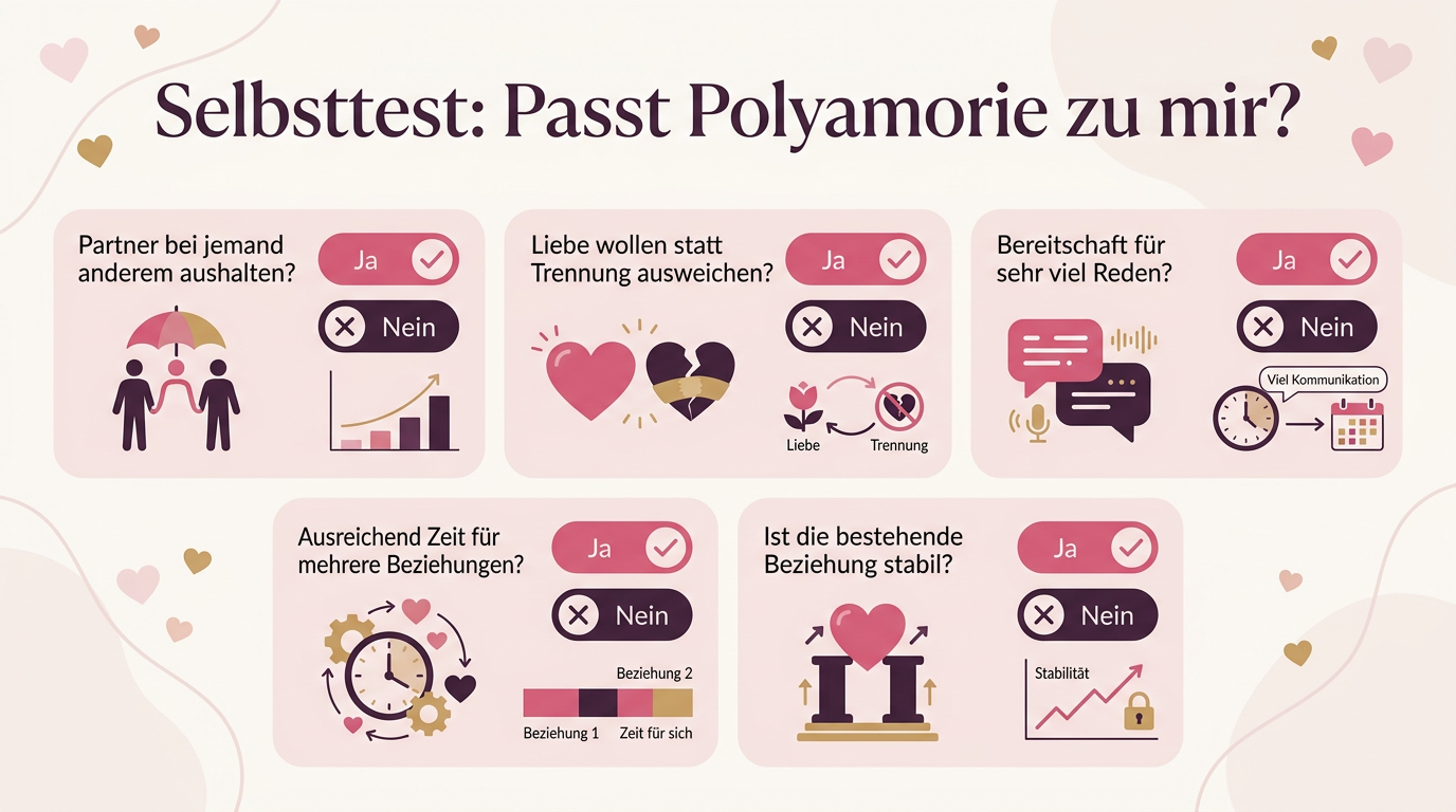 Infografik: Selbsttest: Passt Polyamorie zu mir? – Partner bei jemand anderem aushalten?, Liebe wollen statt Trennung ausweichen?, Bereitschaft für sehr viel Reden?, Ausreichend Zeit für mehrere Beziehungen?, Ist die bestehende Beziehung stabil?