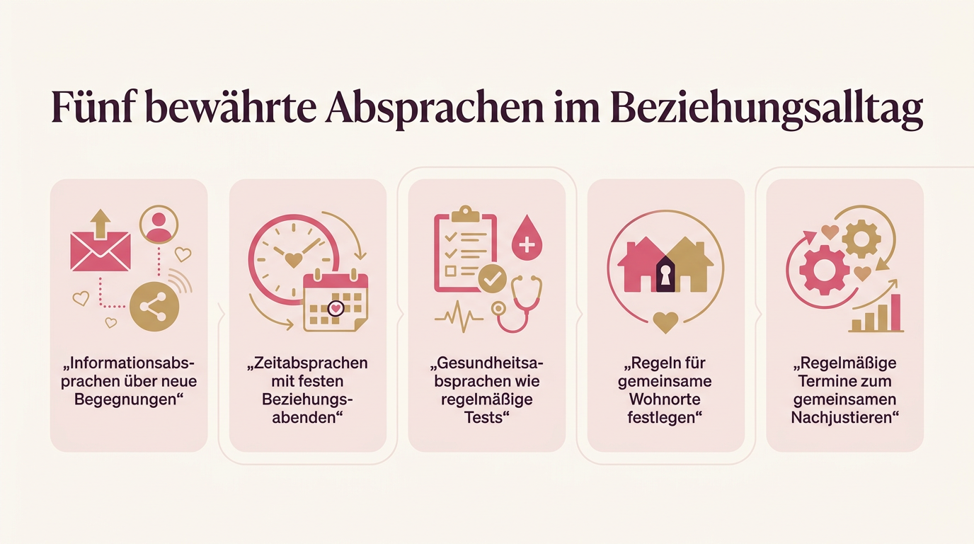 Infografik: Fünf bewährte Absprachen im Beziehungsalltag – Informationsabsprachen über neue Begegnungen, Zeitabsprachen mit festen Beziehungsabenden, Gesundheitsabsprachen wie regelmäßige Tests, Regeln für gemeinsame Wohnorte festlegen, Regelmäßige Termine zum gemeinsamen Nachjustieren