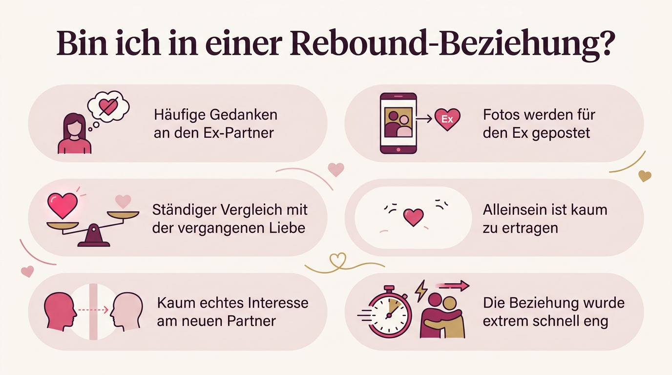 Infografik: Bin ich in einer Rebound-Beziehung? – Häufige Gedanken an den Ex-Partner, Fotos werden für den Ex gepostet, Ständiger Vergleich mit der vergangenen Liebe, Alleinsein ist kaum zu ertragen, Kaum echtes Interesse am neuen Partner, Die Beziehung wurde extrem schnell eng