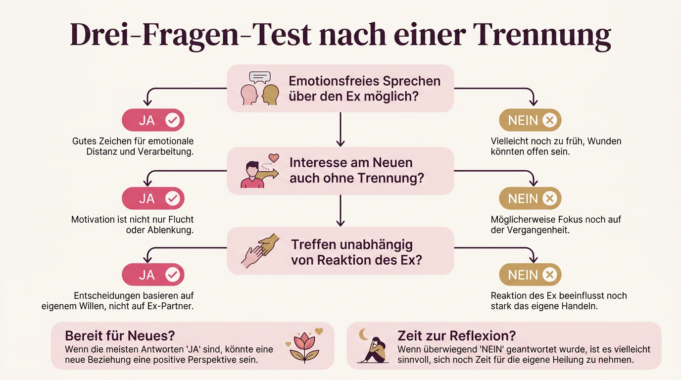 Infografik: Drei-Fragen-Test nach einer Trennung – Emotionsfreies Sprechen über den Ex möglich?, Interesse am Neuen auch ohne Trennung?, Treffen unabhängig von Reaktion des Ex?