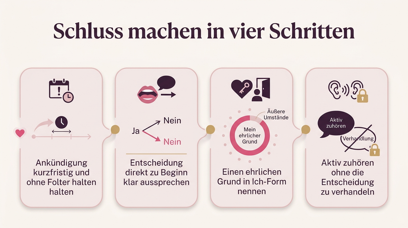 Infografik: Schluss machen in vier Schritten – Ankündigung kurzfristig und ohne Folter halten, Entscheidung direkt zu Beginn klar aussprechen, Einen ehrlichen Grund in Ich-Form nennen, Aktiv zuhören ohne die Entscheidung zu verhandeln