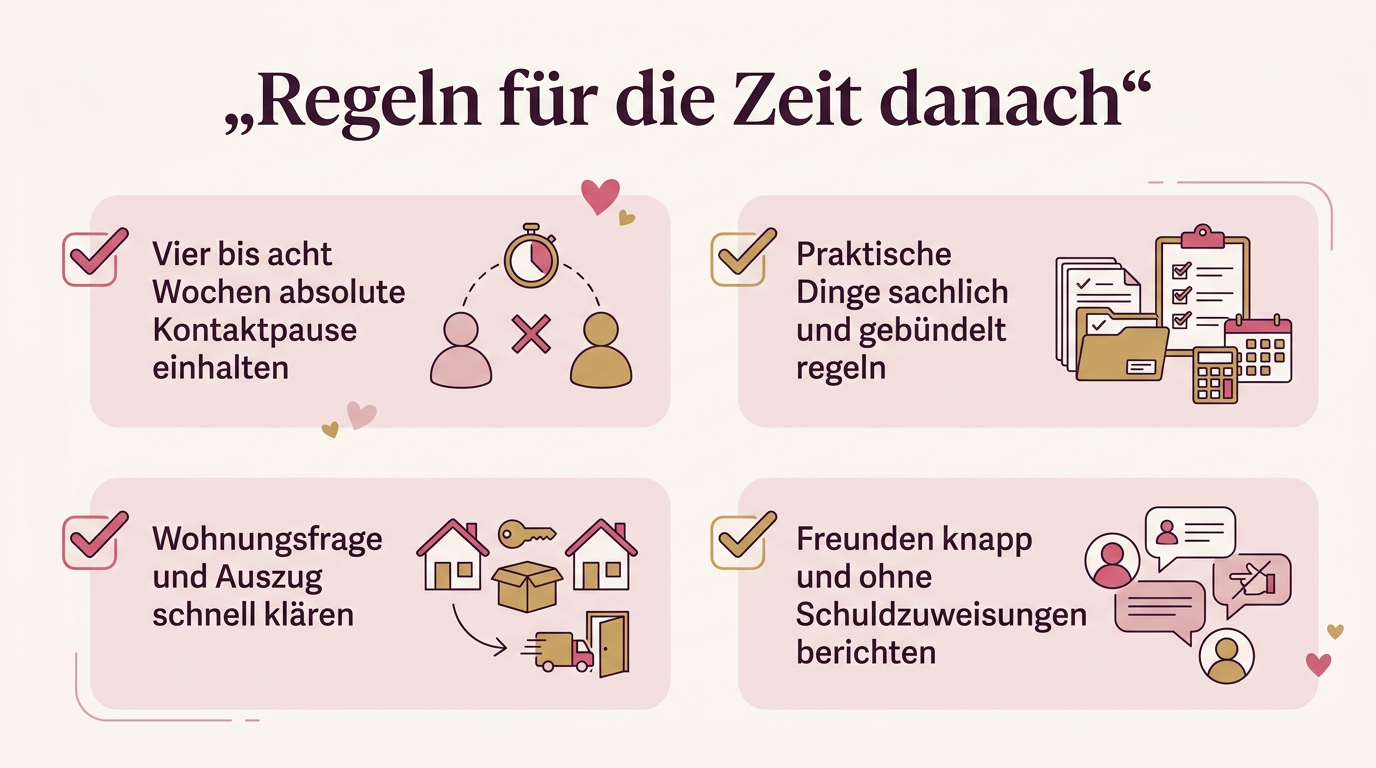 Infografik: Regeln für die Zeit danach – Vier bis acht Wochen absolute Kontaktpause einhalten, Praktische Dinge sachlich und gebündelt regeln, Wohnungsfrage und Auszug schnell klären, Freunden knapp und ohne Schuldzuweisungen berichten