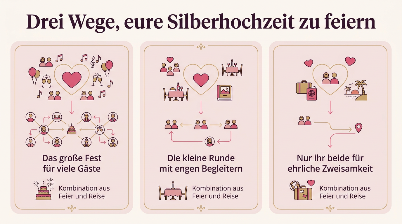 Infografik: Drei Wege, eure Silberhochzeit zu feiern – Das große Fest für viele Gäste, Die kleine Runde mit engen Begleitern, Nur ihr beide für ehrliche Zweisamkeit, Kombination aus Feier und Reise