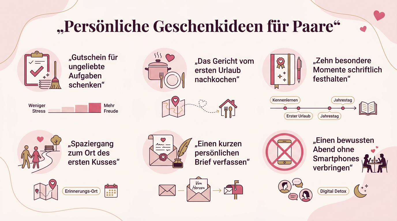 Infografik: Persönliche Geschenkideen für Paare – Gutschein für ungeliebte Aufgaben schenken, Das Gericht vom ersten Urlaub nachkochen, Zehn besondere Momente schriftlich festhalten, Spaziergang zum Ort des ersten Kusses, Einen kurzen persönlichen Brief verfassen, Einen bewussten Abend ohne Smartphones verbringen