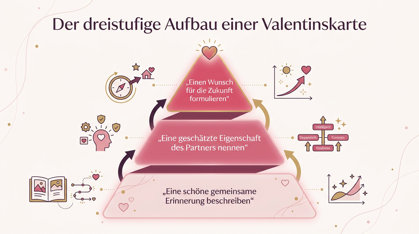 Infografik: Der dreistufige Aufbau einer Valentinskarte – Eine schöne gemeinsame Erinnerung beschreiben, Eine geschätzte Eigenschaft des Partners nennen, Einen Wunsch für die Zukunft formulieren