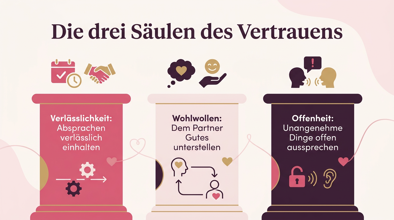 Infografik: Die drei Säulen des Vertrauens – Verlässlichkeit: Absprachen verlässlich einhalten, Wohlwollen: Dem Partner Gutes unterstellen, Offenheit: Unangenehme Dinge offen aussprechen