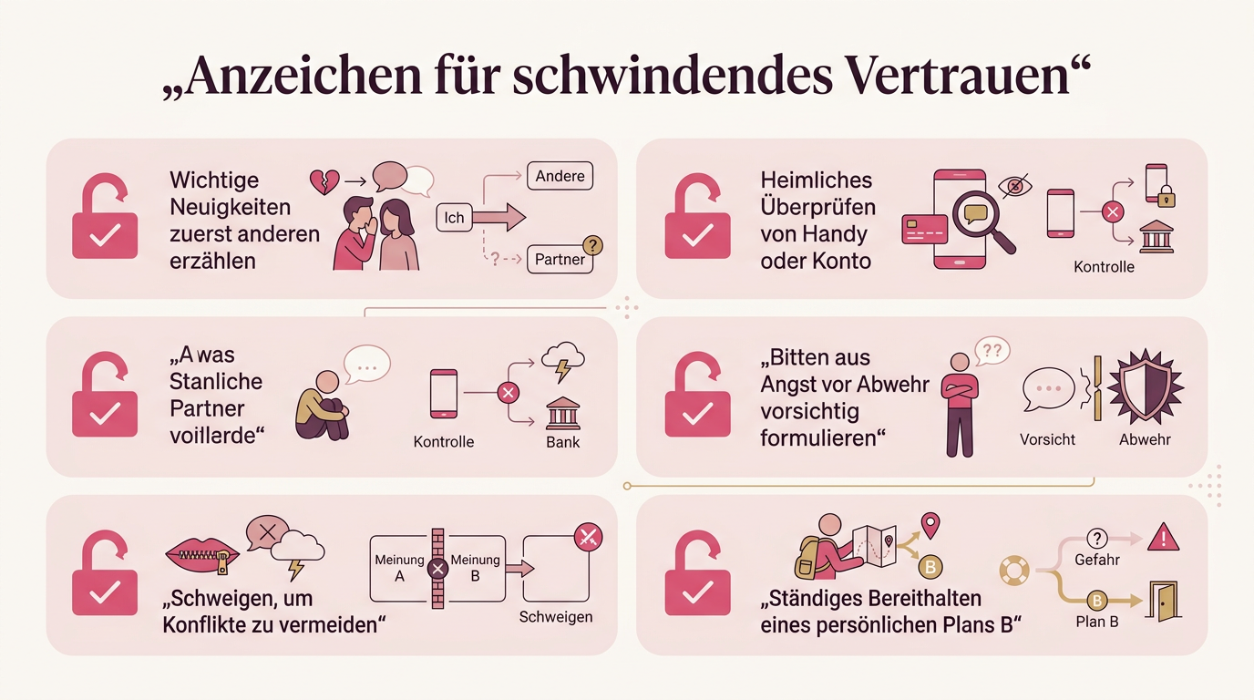 Infografik: Anzeichen für schwindendes Vertrauen – Wichtige Neuigkeiten zuerst anderen erzählen, Heimliches Überprüfen von Handy oder Konto, Bitten aus Angst vor Abwehr vorsichtig formulieren, Schweigen, um Konflikte zu vermeiden, Ständiges Bereithalten eines persönlichen Plans B