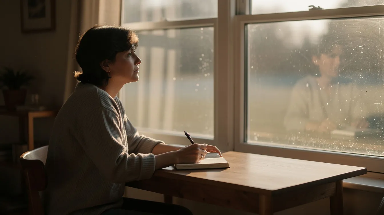 Eine nachdenkliche Person sitzt mit einem Notizbuch am Fenster, während weiches Licht hereinströmt. In diesem ruhigen Moment scheint sie über die Liebe und die Möglichkeiten einer neuen Beziehung nachzudenken.