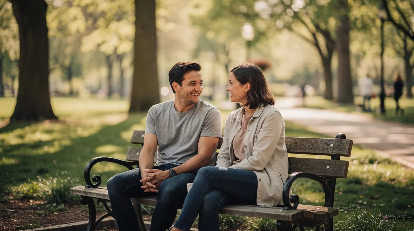Auf der Parkbank sitzen zwei Personen, ein Mann und eine Frau, in entspannter Atmosphäre und führen ein angeregtes Gespräch über ihre Gefühle und die Dynamik ihrer Beziehung. Die Nähe und Ausstrahlung zwischen ihnen zeugen von einer tiefen Verbindung und Interesse aneinander.