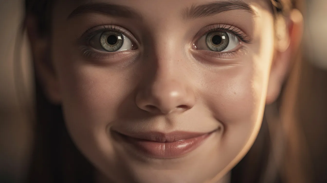 Das Bild zeigt eine Nahaufnahme eines menschlichen Gesichts mit geweiteten Pupillen und einem sanften Lächeln, das eine warme Lichtstimmung ausstrahlt. Dieser Moment könnte die Anziehungskraft und die Gefühle von „Liebe auf den ersten Blick“ symbolisieren, die in einer besonderen Begegnung zwischen zwei Menschen entstehen.