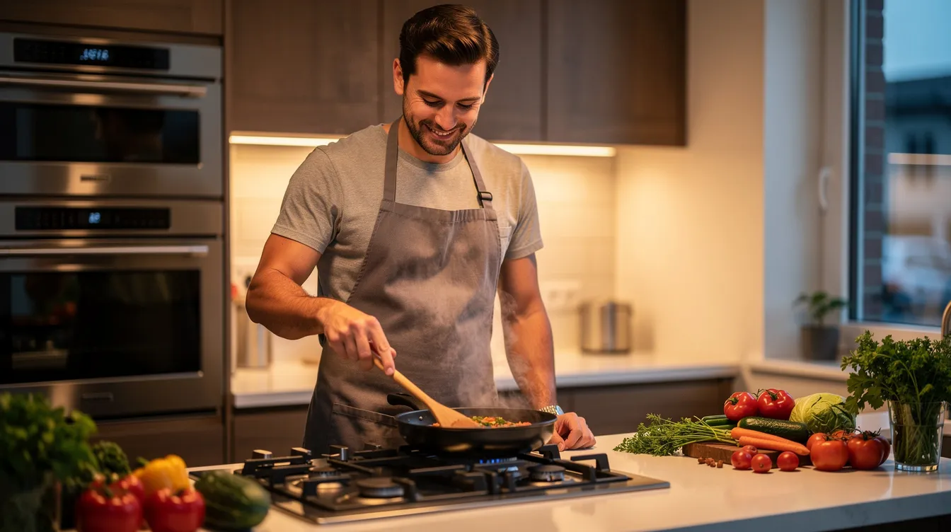 Ein Mann steht konzentriert in der Küche und kocht mit einem Lächeln auf dem Gesicht, was seine Freude und Leidenschaft für das Kochen zeigt. Diese Szene spiegelt die Lebensfreude und die positiven Gefühle wider, die in einer Partnerschaft und Beziehung entstehen können.